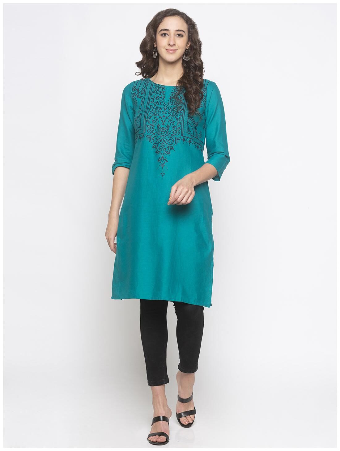 

Globus Women Green Printed Straight Kurta