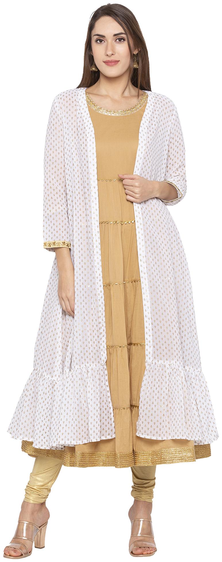 

Globus Ethnic Georgette Beige and White Color Printed 3 4th Sleeves Kurti