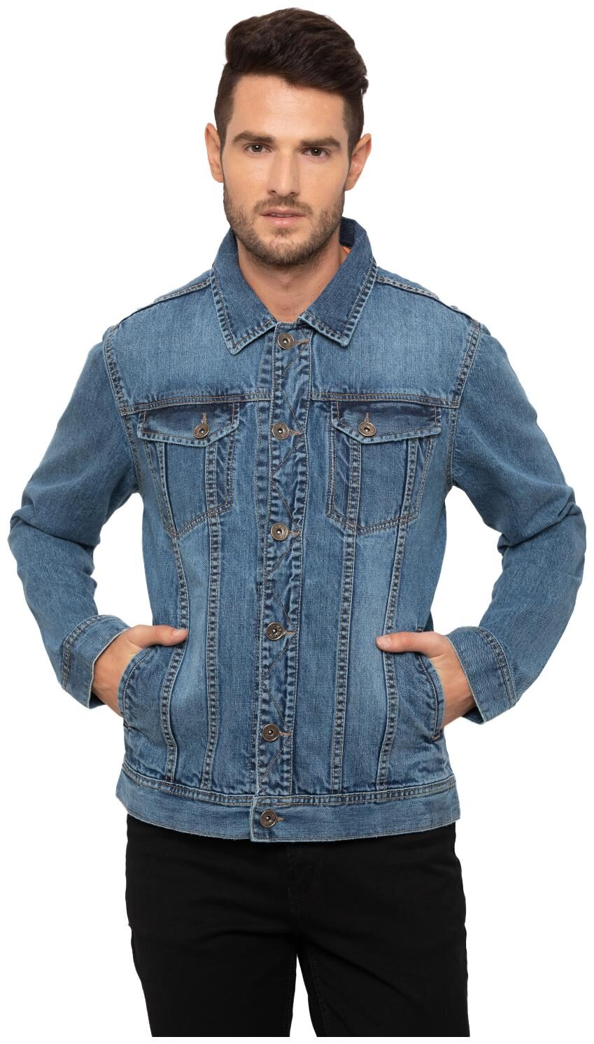 

Globus Men Blue Solid Denim jacket