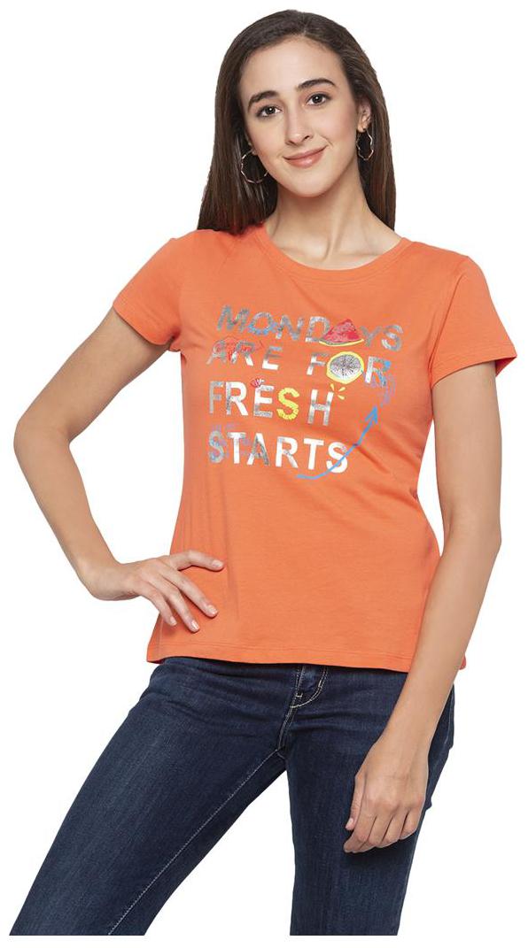 

Globus Women Orange Regular fit Round neck Cotton T shirt