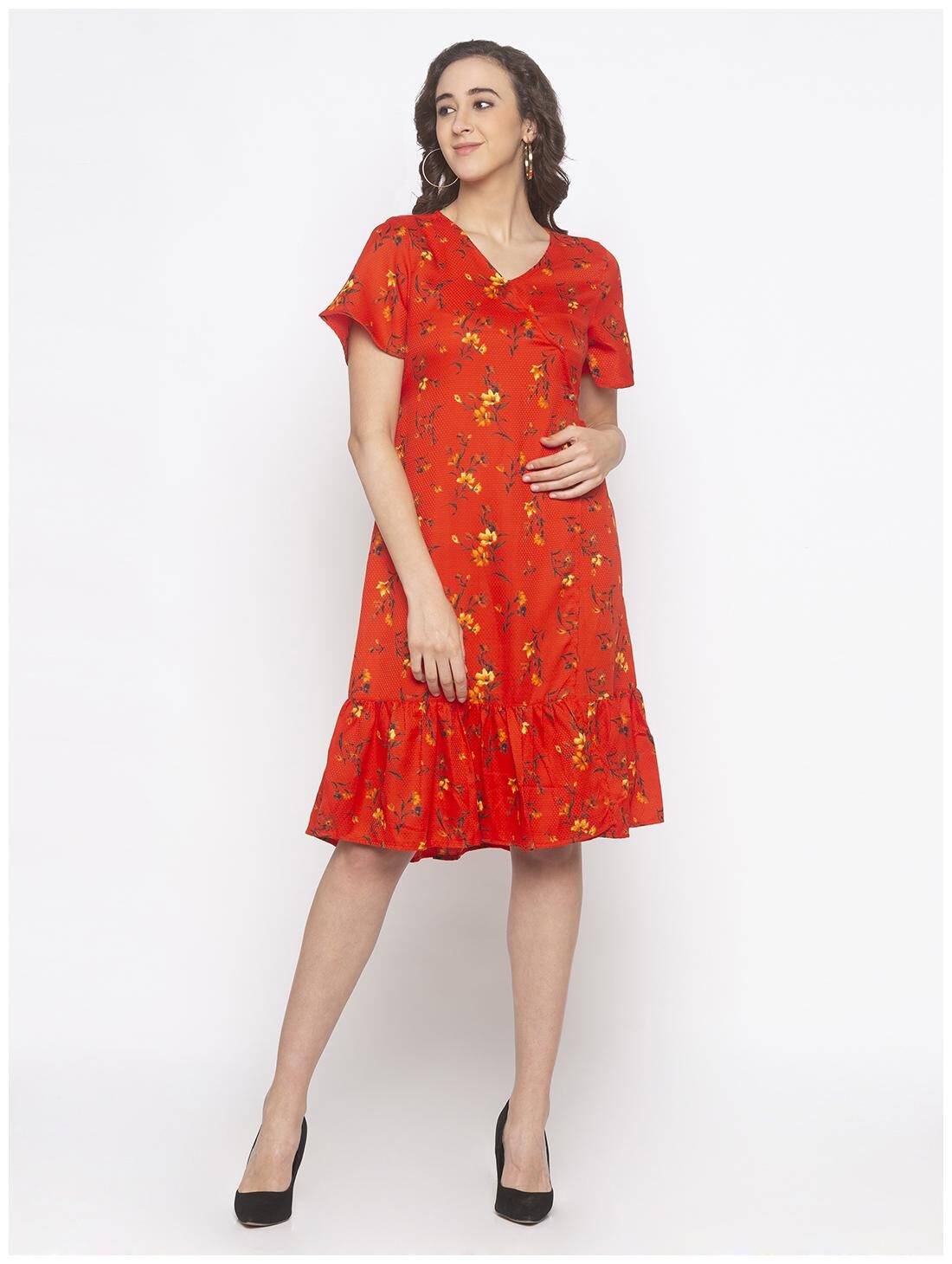 

Globus Polyester Floral Orange Color A Line Dress For Women