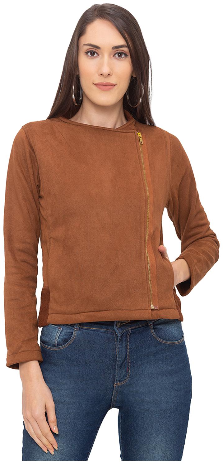 

Globus Polyester Solid Tan Color Biker Jacket For Women