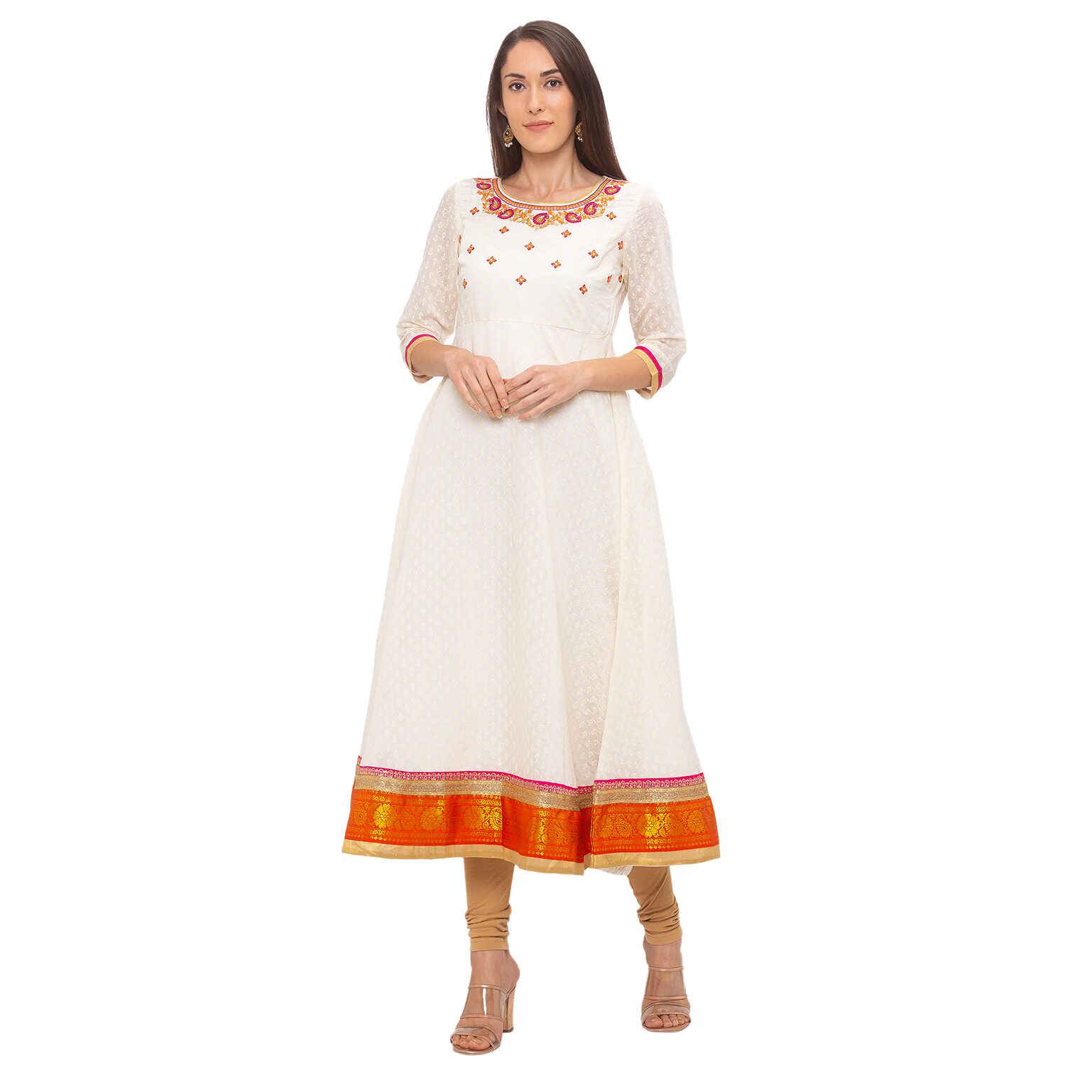 

Globus Women White Embroidered Fit and Flare Kurta
