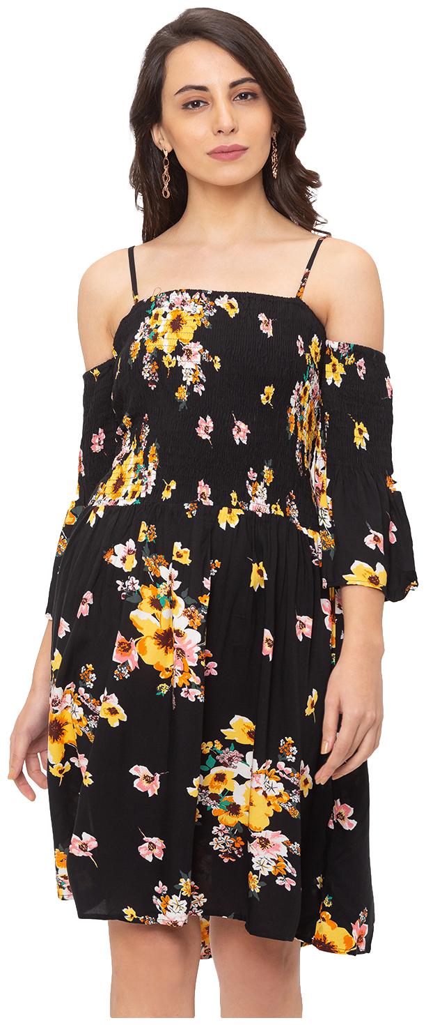 

Globus Viscose Rayon Floral Black Color A Line Dress For Women