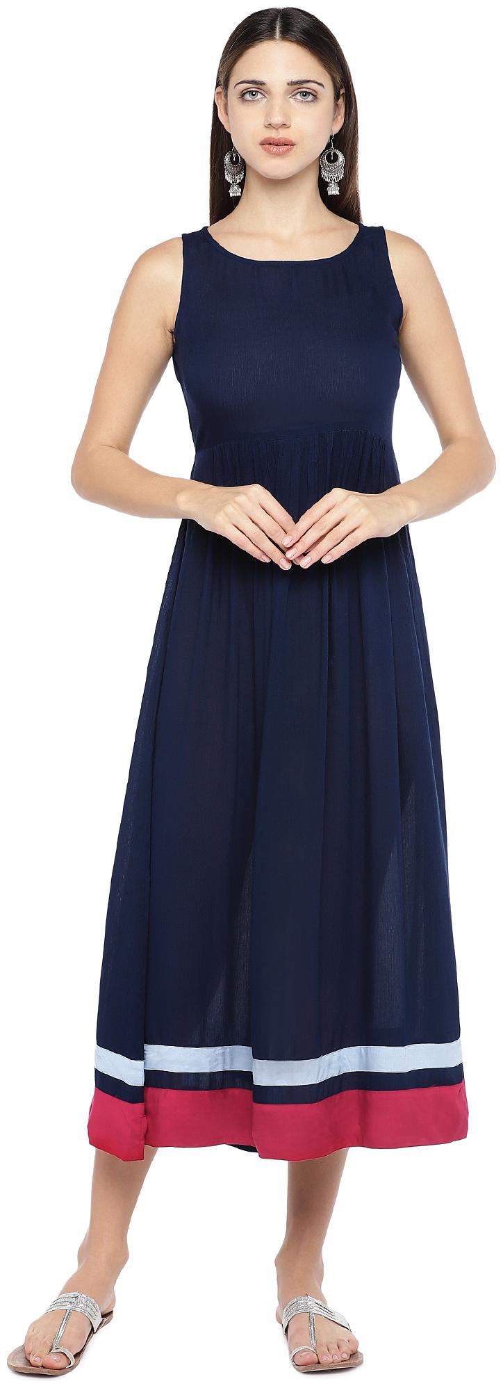 

Globus Viscose Rayon Solid Navy Blue Color Fit Flare Dress For Women
