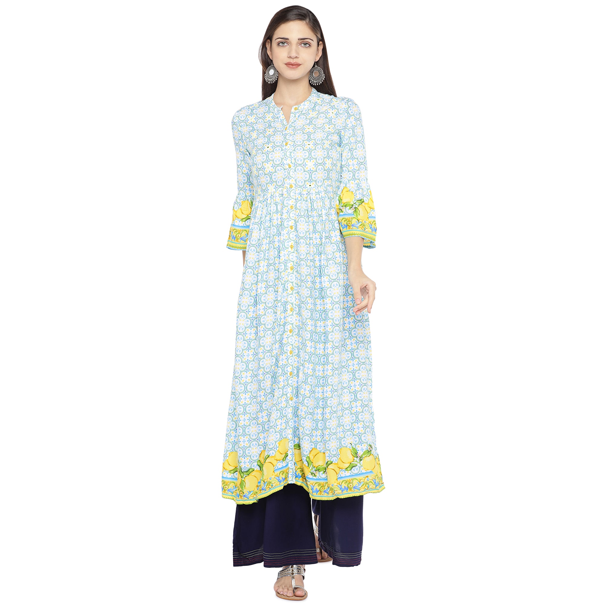 

Globus Women Turquoise Printed Pleated Kurta