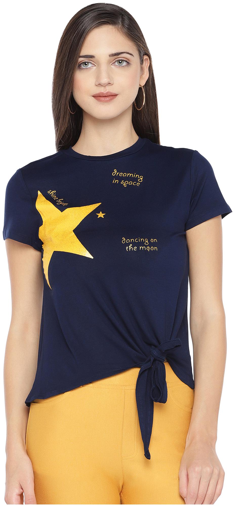 

Globus Viscose Rayon Printed Navy Blue Color T Shirt For Women