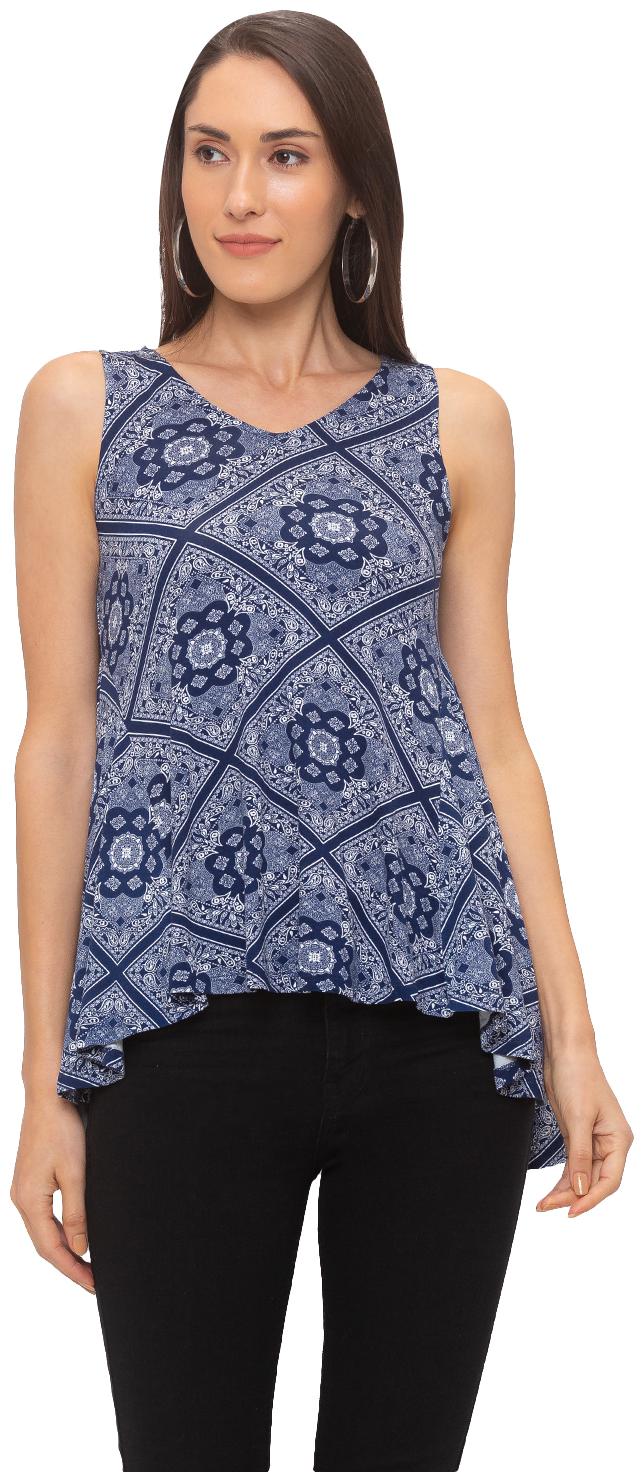 

Globus Viscose Rayon Printed Navy Blue Color Regular Top For Women
