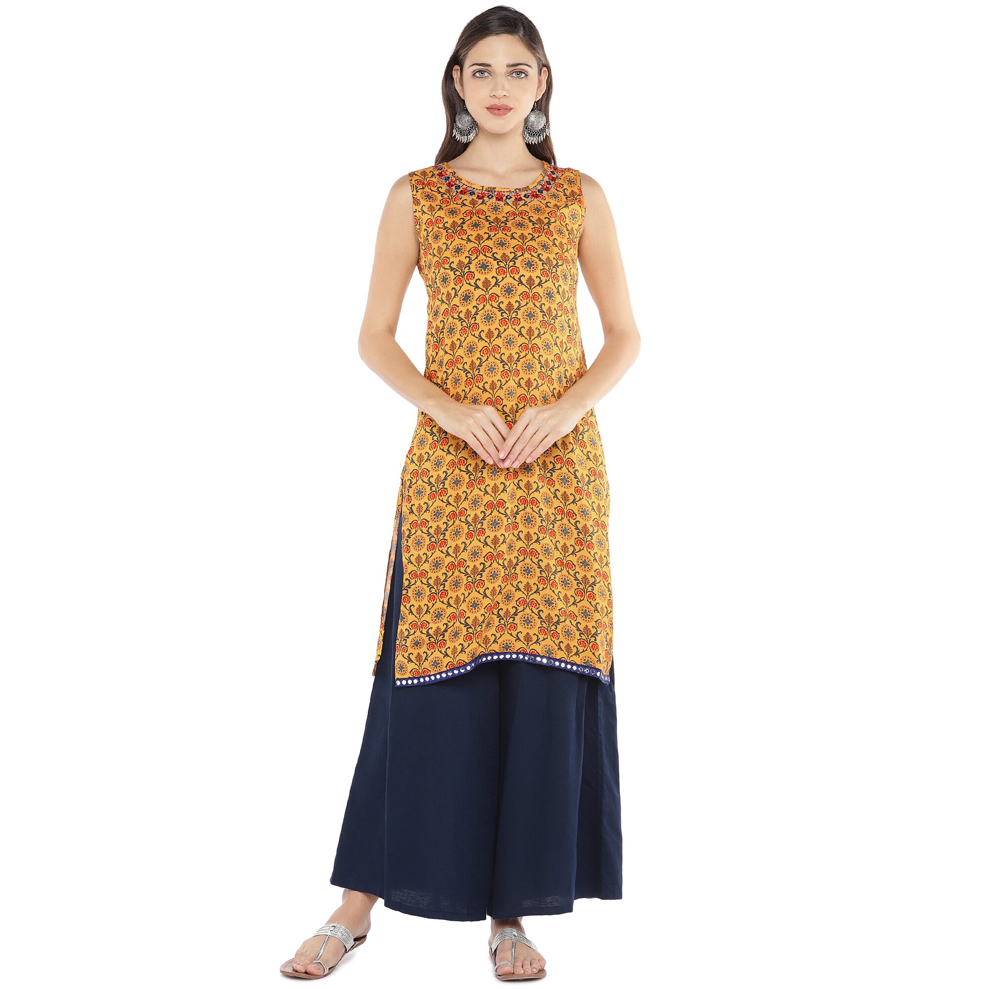 

Globus Women Yellow Floral Straight Kurta