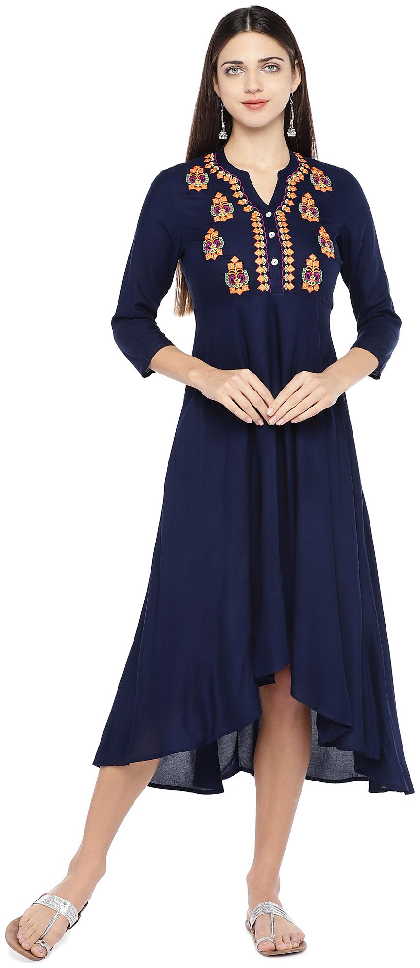 

Globus Viscose Rayon Embroidered Navy Blue Color Empire Dress For Women