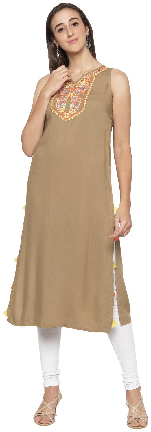 

Globus Women Beige Embroidered Straight Kurta