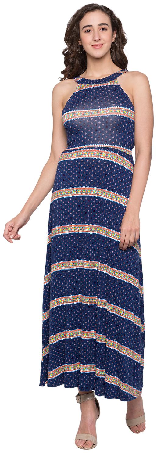 

Globus Viscose Rayon Striped Navy Blue Color Flared Dress