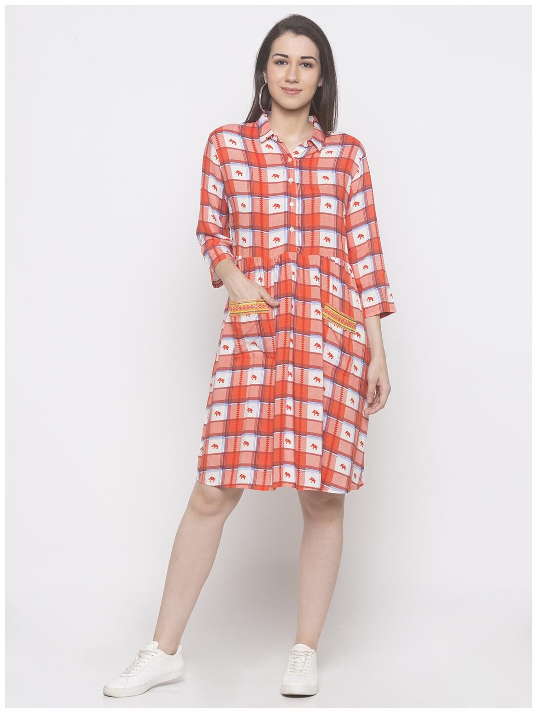 

Globus Viscose Rayon Checked Red Color A Line Dress For Women