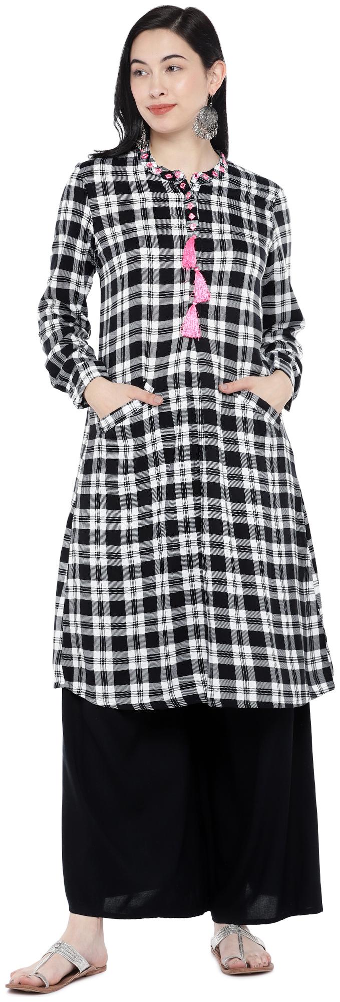

Globus Women Viscose Rayon Checked A Line White Black