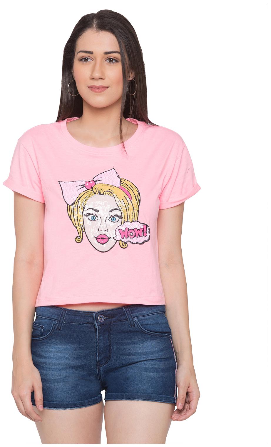 

Globus Women Pink Regular fit Round neck Cotton T shirt
