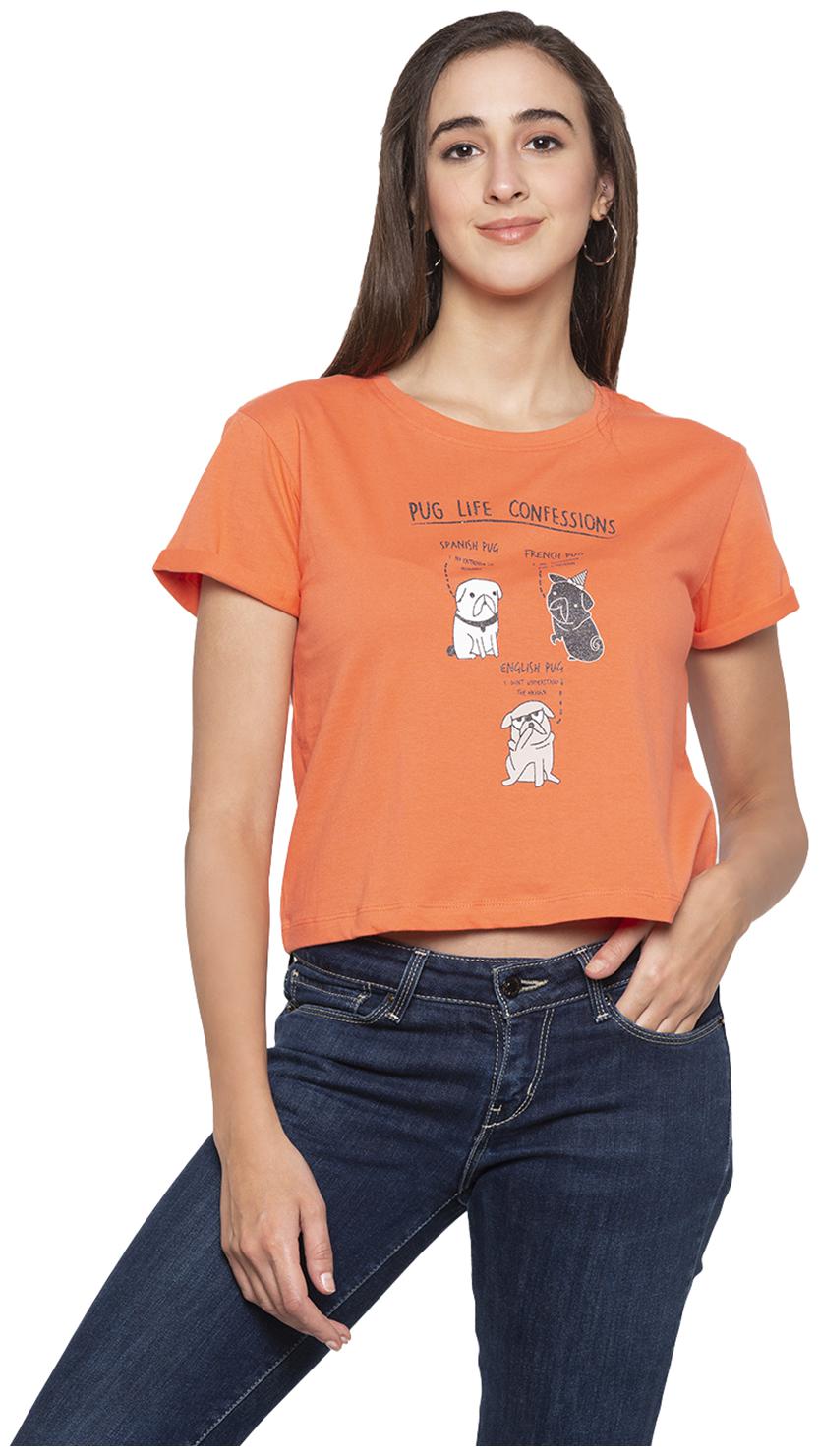 

Globus Women Orange Regular fit Round neck Cotton T shirt