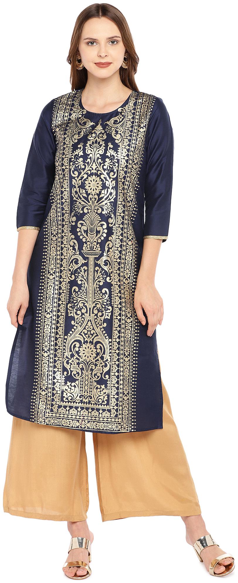 

Globus Women Navy Blue Grey Printed Straight Kurta