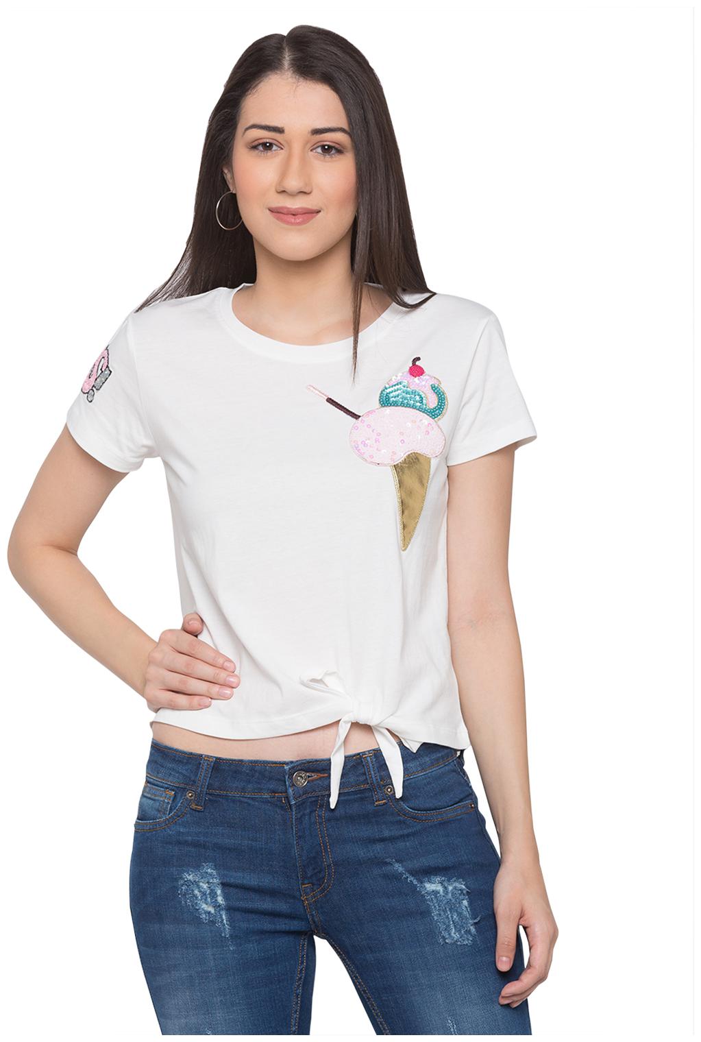 

Globus Women White Regular fit Round neck Cotton T shirt