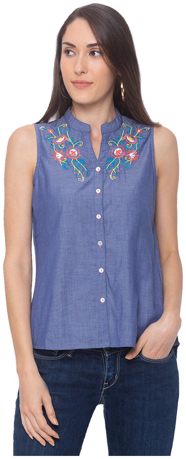 

Globus Women Blue Embroidered Regular Fit Shirt