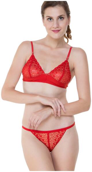 Glus Bridal Net Unlined Non Padded Non Wire Bra & String Bikini Panty Set, Color - Red