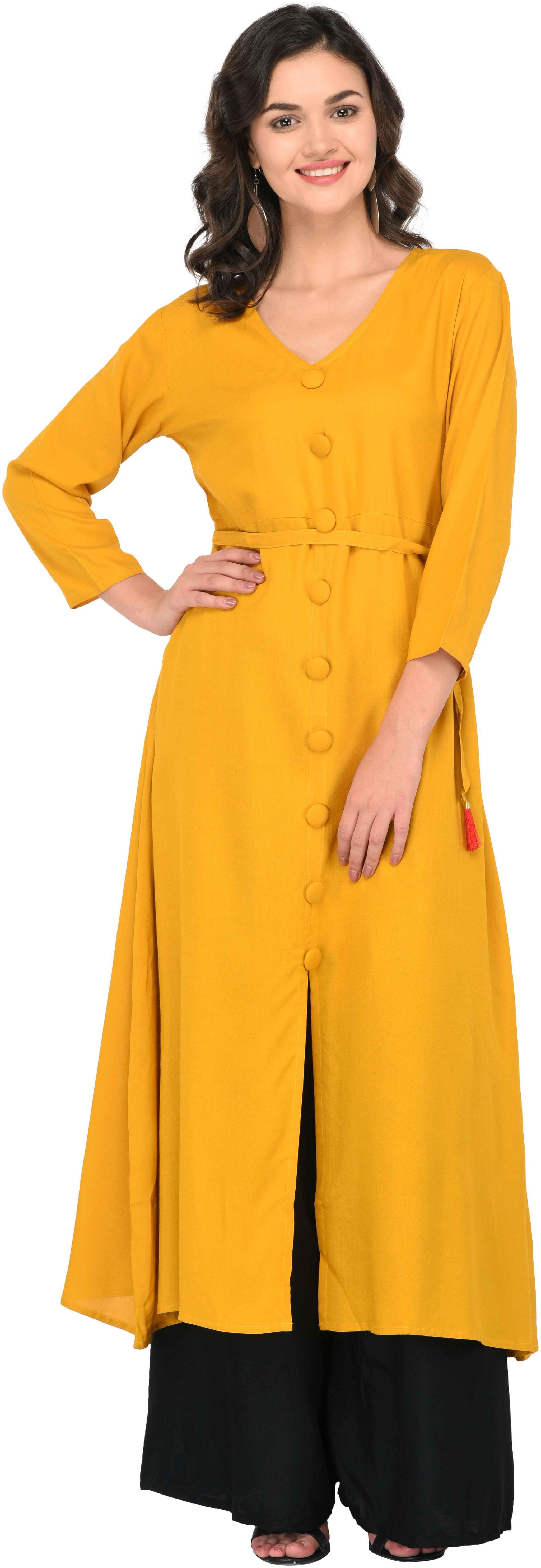 

God Bless Mustard Rayon Solid Long Anarkali Closer By Dori