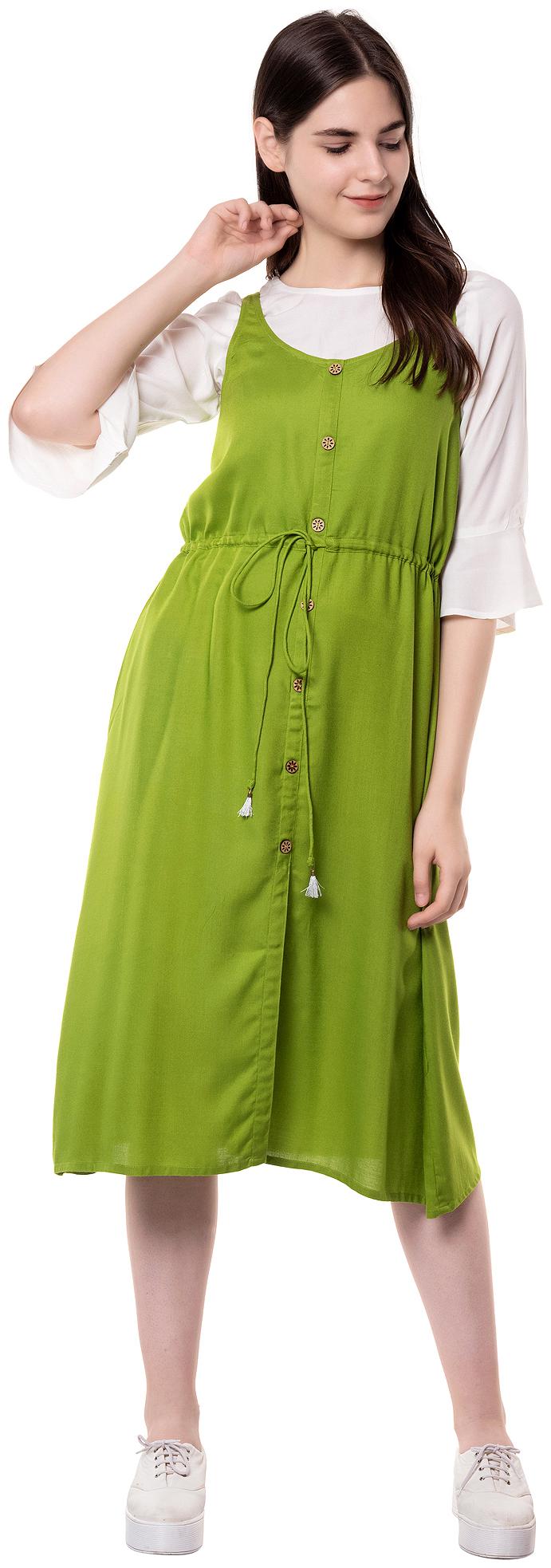 

GOD BLESS Green White Solid Fit flare dress