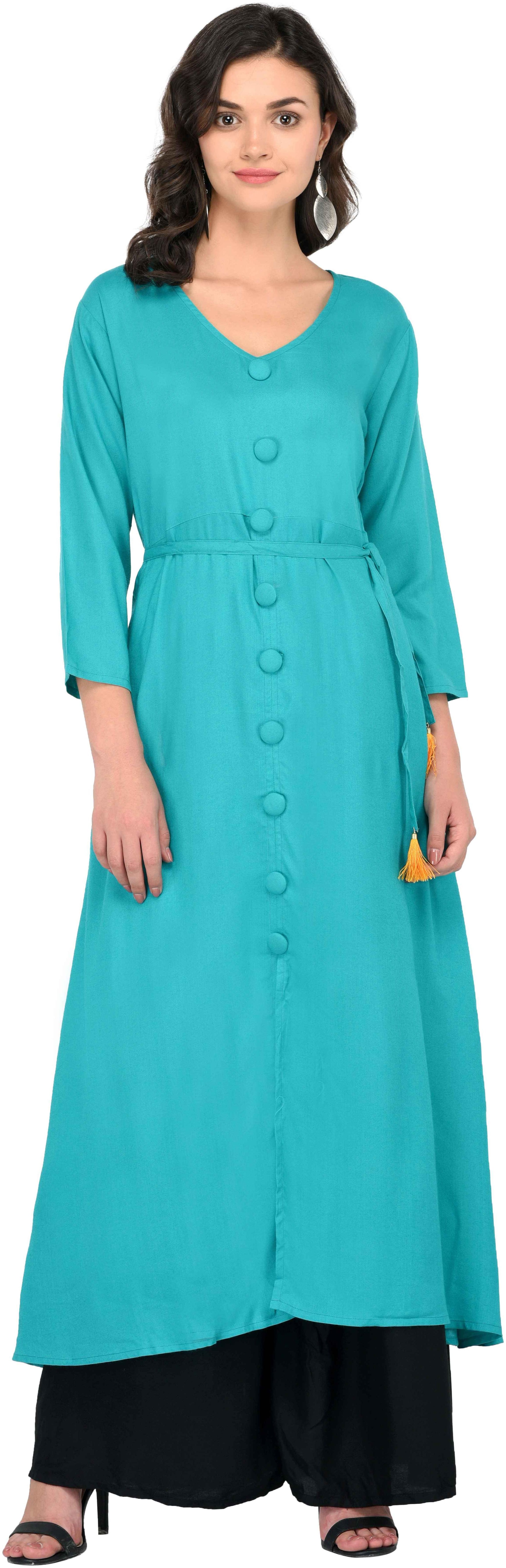 

God Bless Turquoise Rayon Solid Long Anarkali Closer By Dori