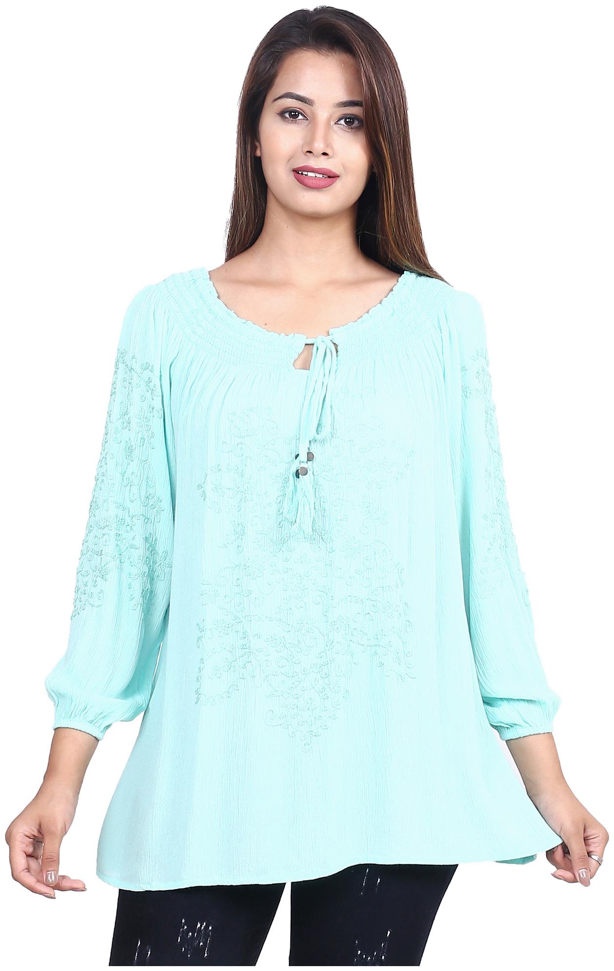 

Goodwill Crepe Embroidered Women Turquoise Fusion Top