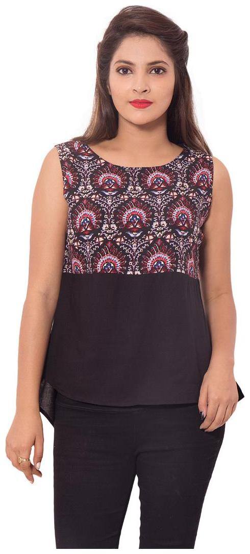 GOODWILL Women's 3/4th Sleeve Casual Printed Black Rayon Top