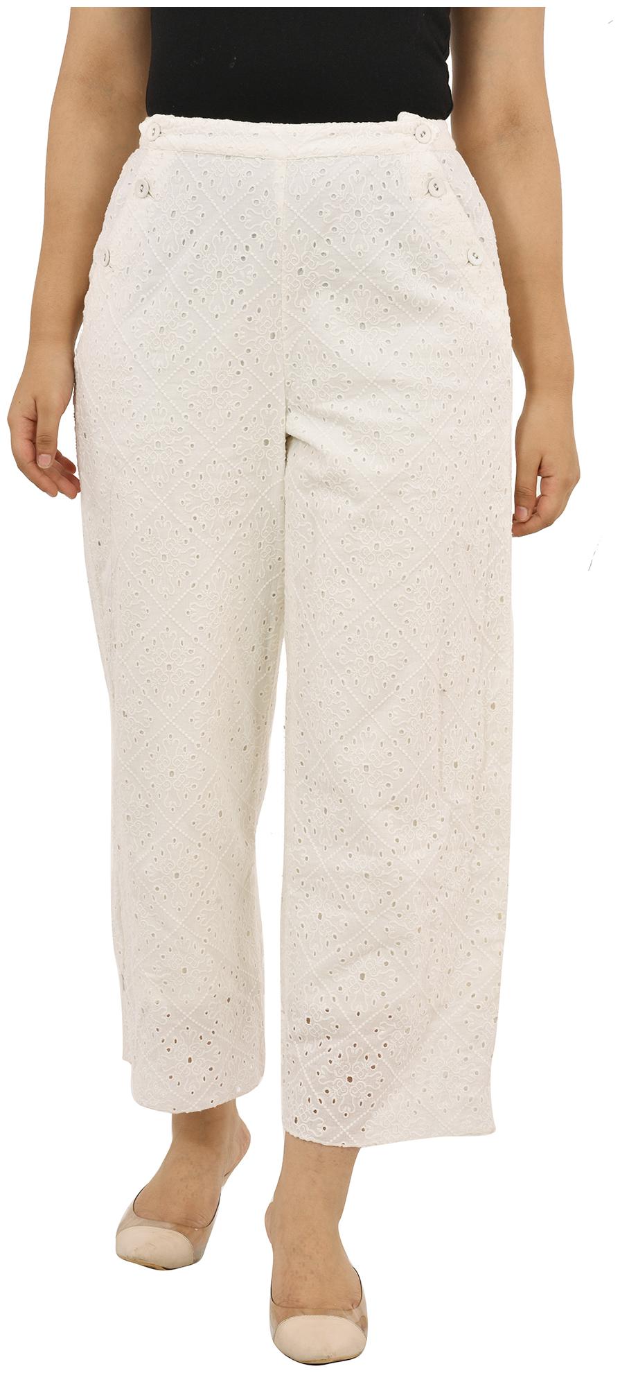 

GOODWILL Women s Regular Fit Ankle Length White Cotton Schiffli Trouser