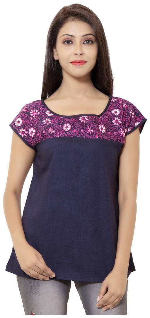 GOODWILL Women's Casual Wear Half Sleeve Printed Navy Rayon Top