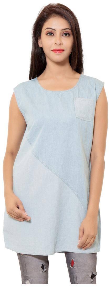 GOODWILL Women's Casual Wear Sleeveless Solid Denim Light Blue Tunic