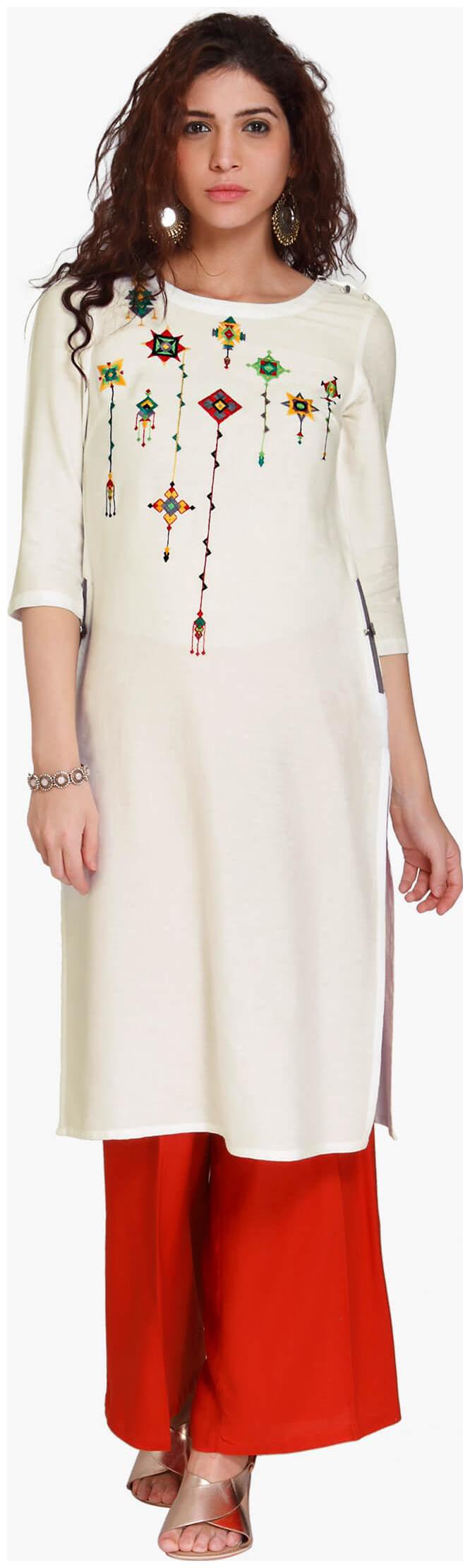

NAARI Women White Embroidered Straight Kurti