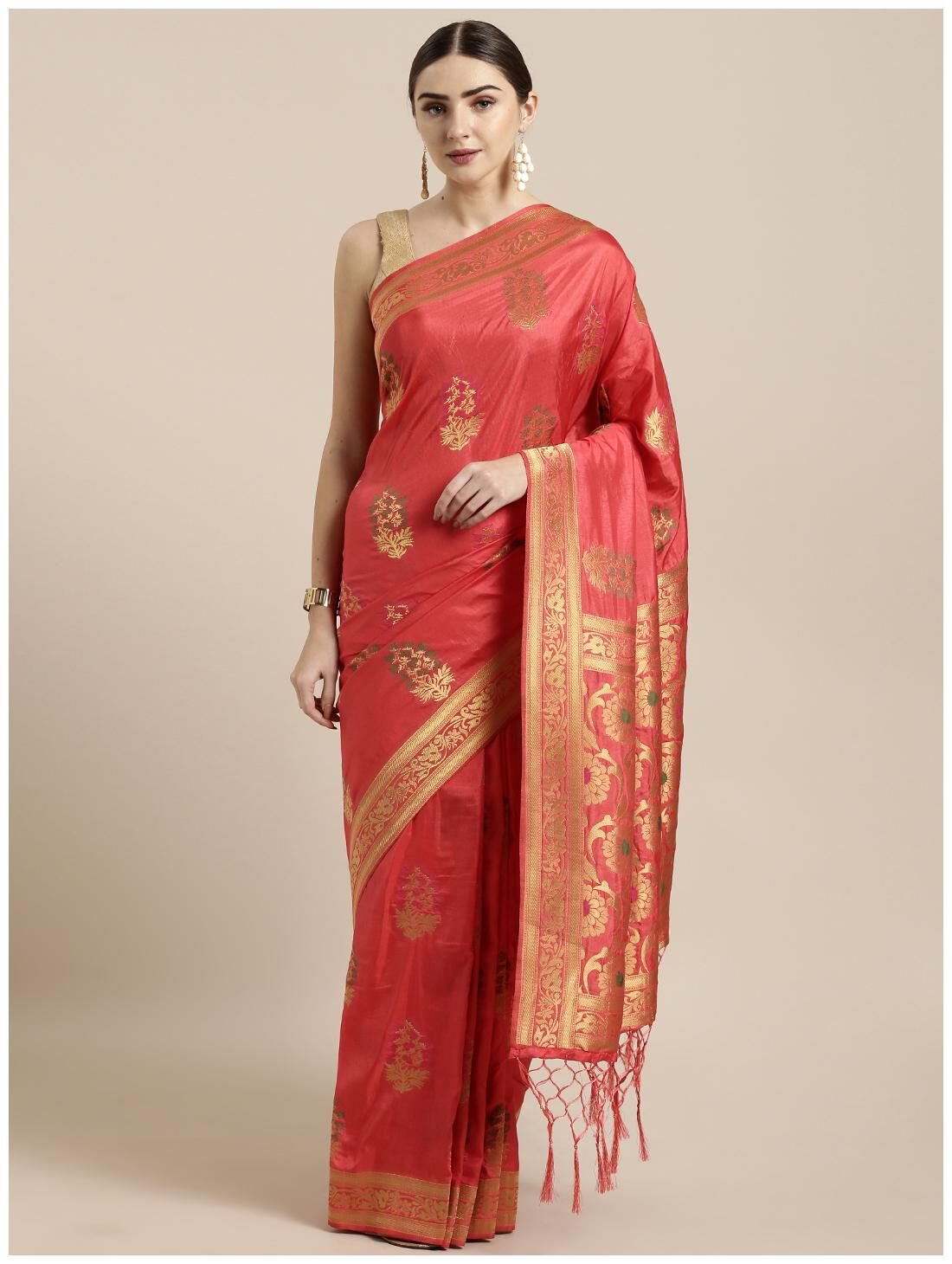 

GoSriKi Women Silk Red Regular Saree With Blouse