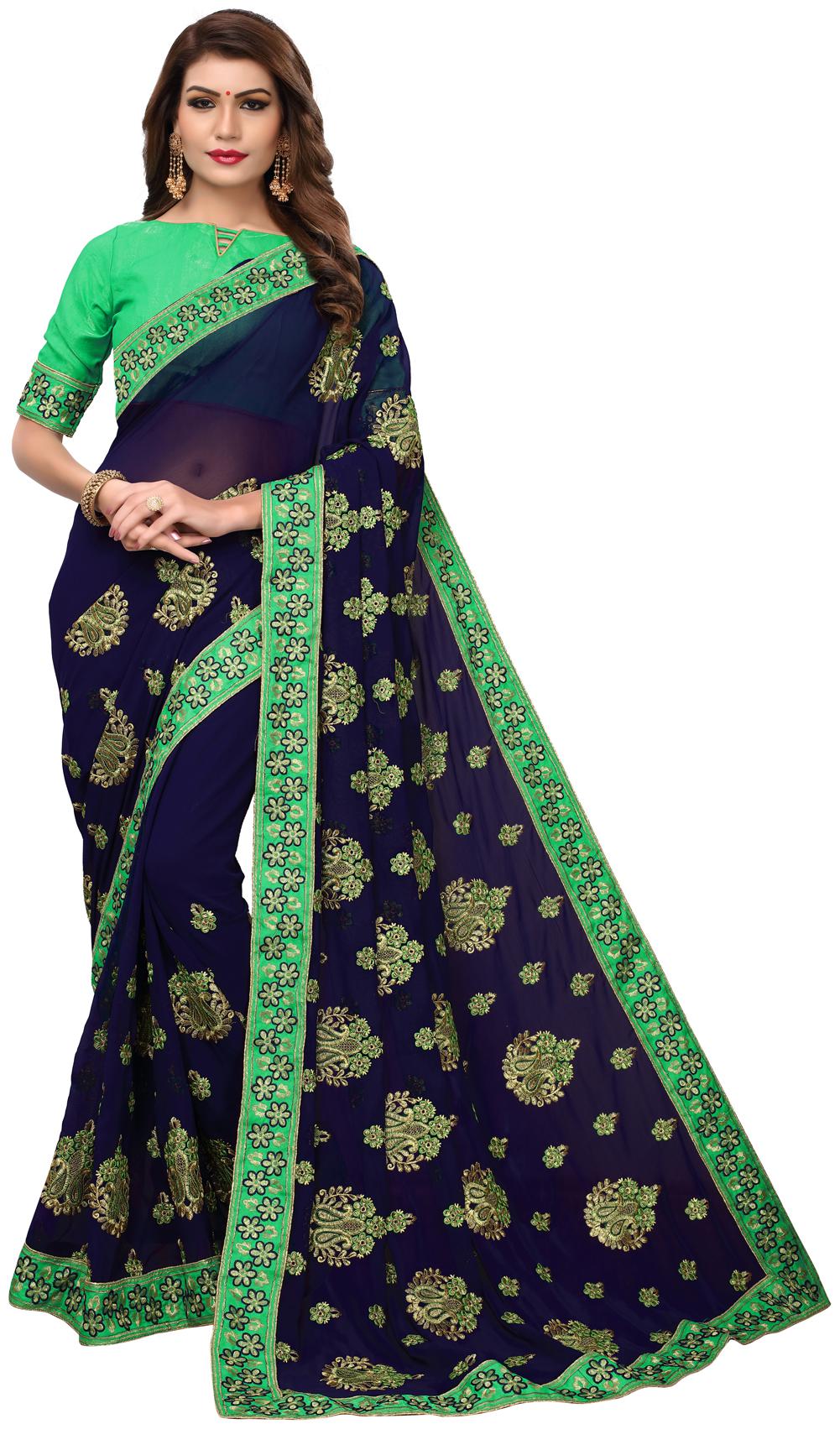 

Granthva Fab Designer Blue Georgette Embroidered Saree with Blouse Piece