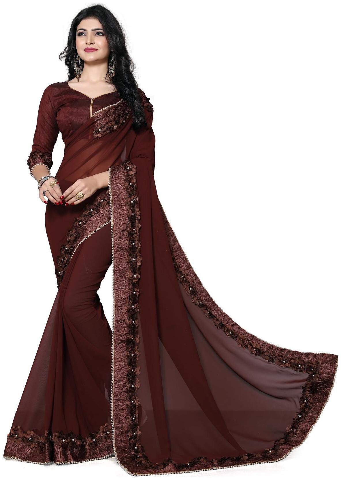 

Granthva Fab Designer Brown Georgette Embroidery Saree with Blouse Piece