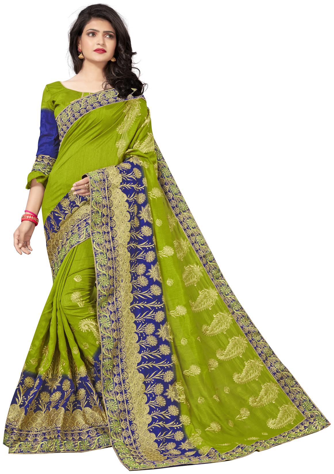 

GRANTHVA FAB Green Blue Embroidered Universal Designer Saree With Blouse With blouse