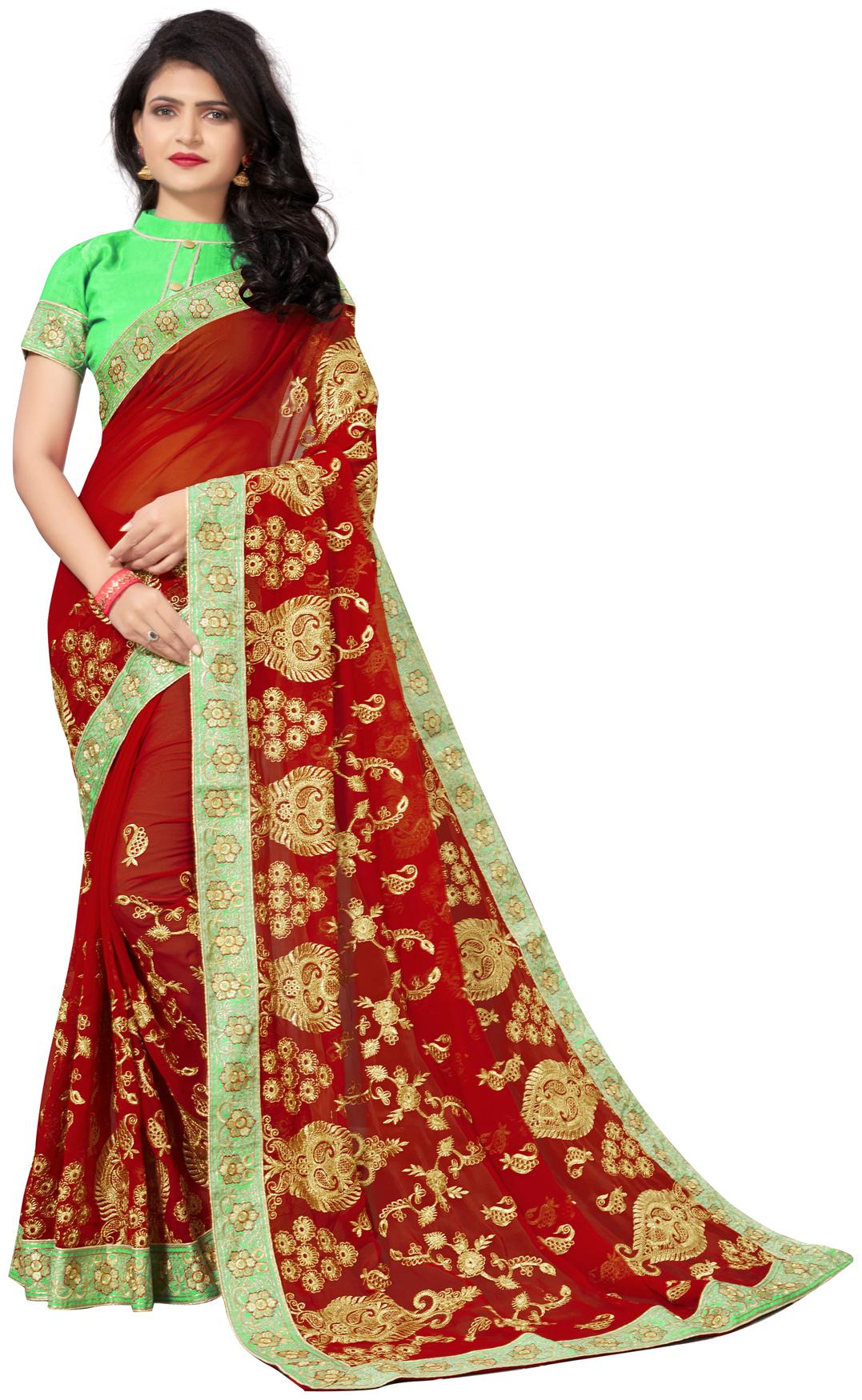 

Granthva Fab Designer Red Georgette Embroidered Saree with Blouse Piece