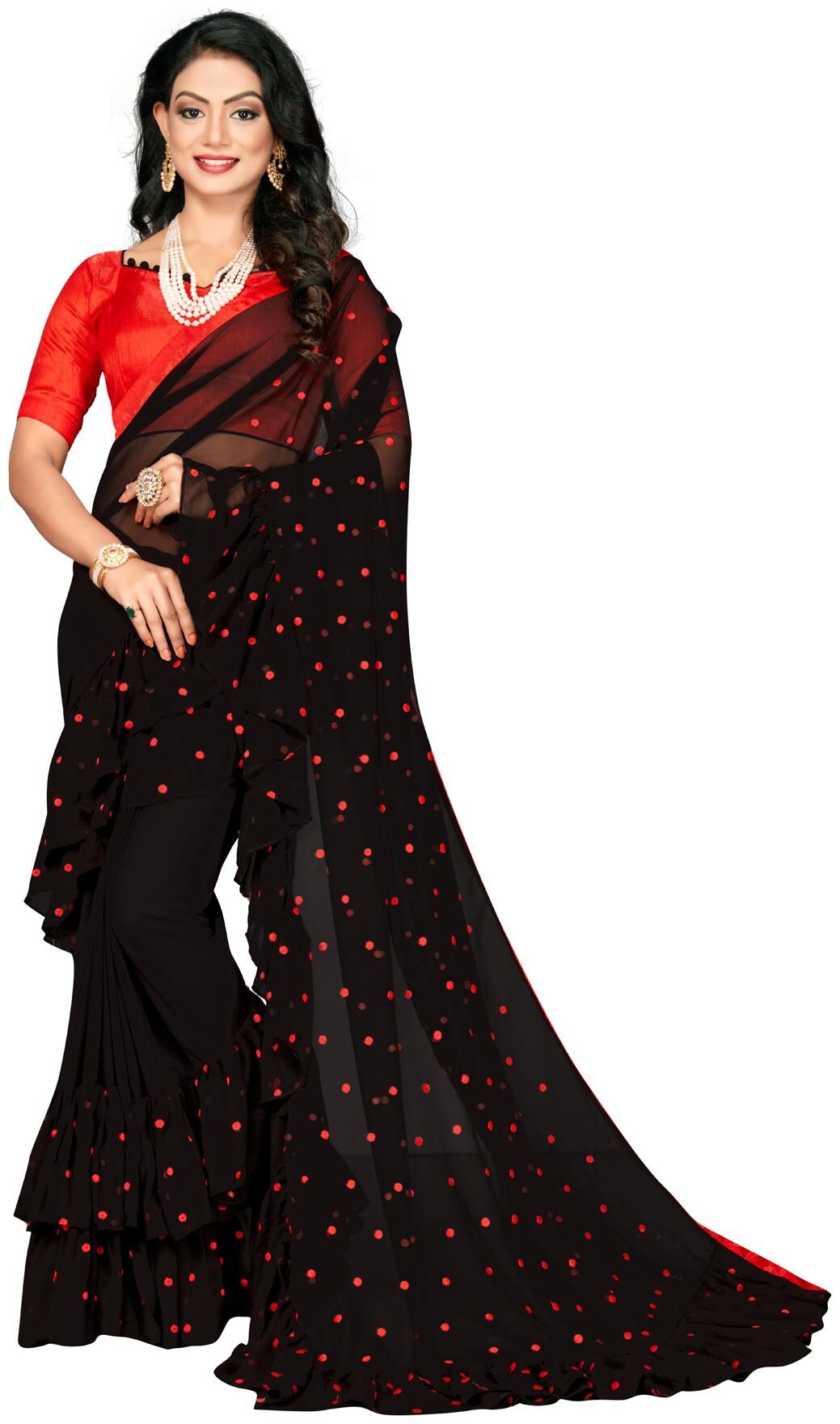 

Granthva Fab Designer Black Georgette Ruffle Saree with Blouse Piece