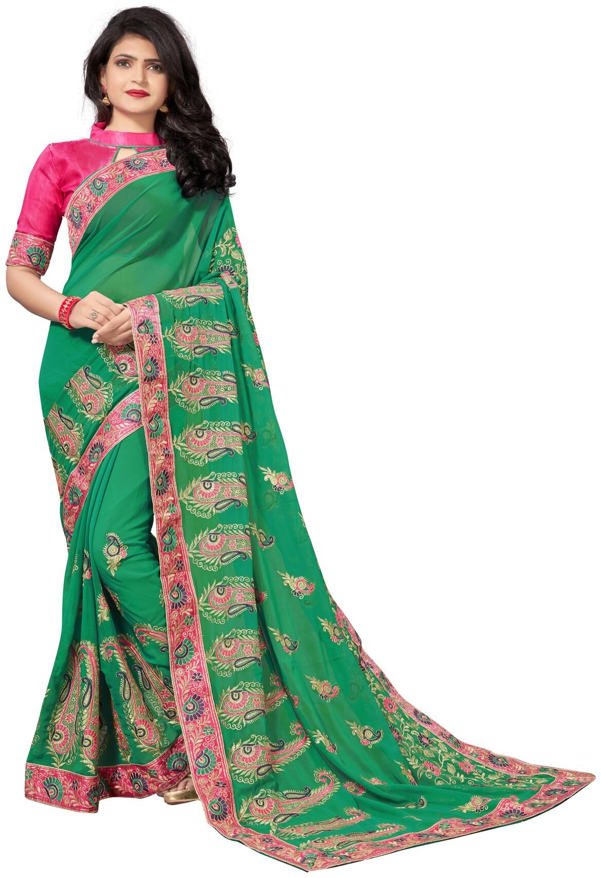 

Granthva Fab Designer Green Georgette Embroidered Saree with Blouse Piece