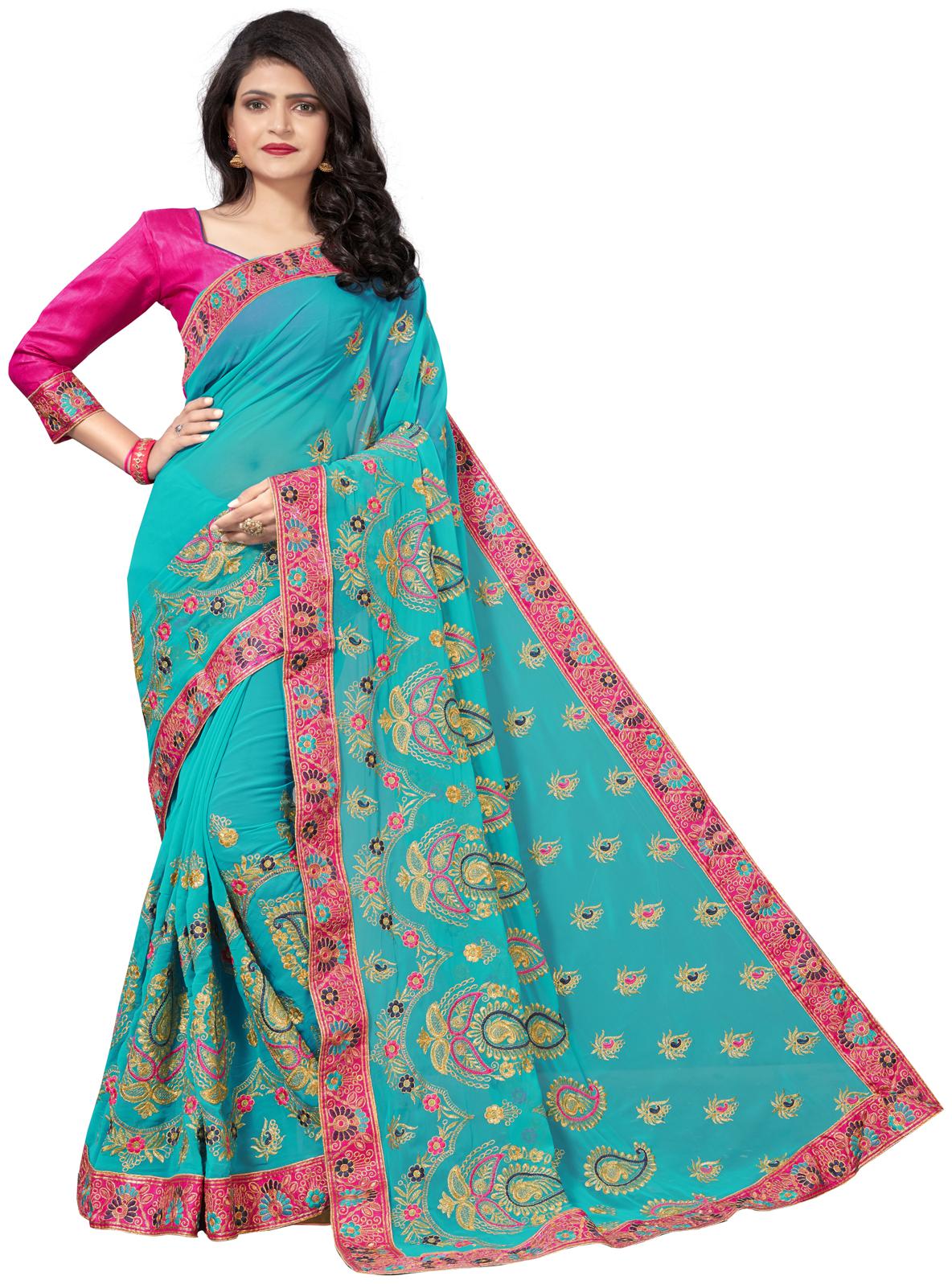 

Granthva Fab Designer Blue Georgette Embroidered Saree with Blouse Piece