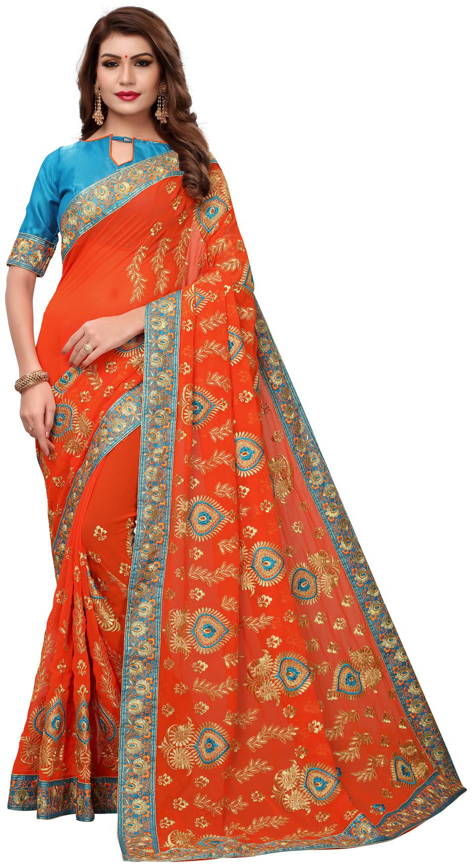

Granthva Fab Designer Orange Georgette Embroidered Saree with Blouse Piece