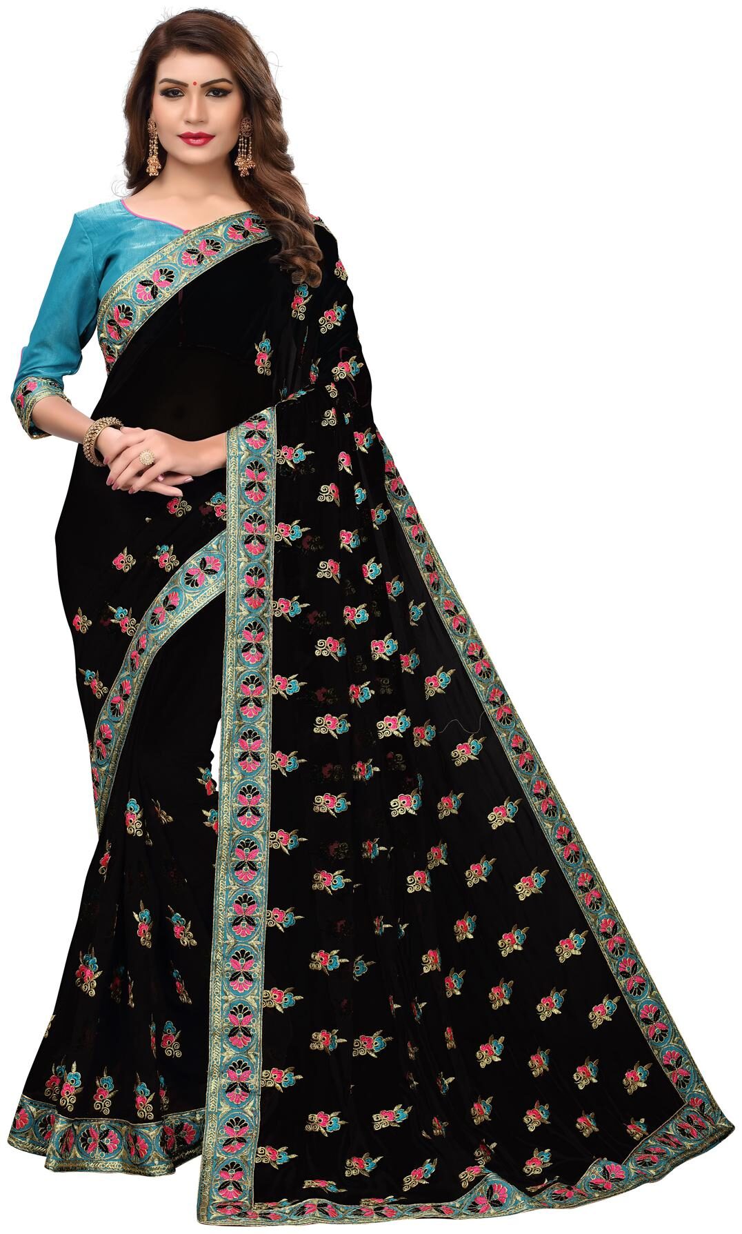 

Granthva Fab Designer Black Georgette Embroidered Saree with Blouse Piece