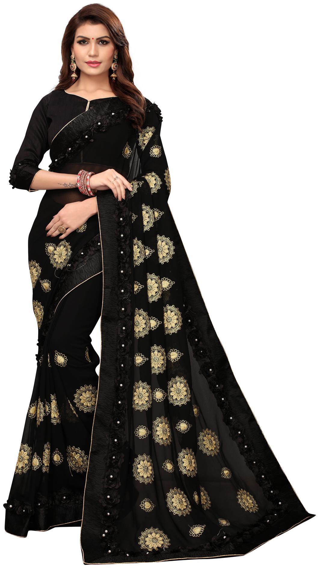 

Granthva Fab Designer Black Georgette Ribbon Work Embroidered Saree with Blouse Piece
