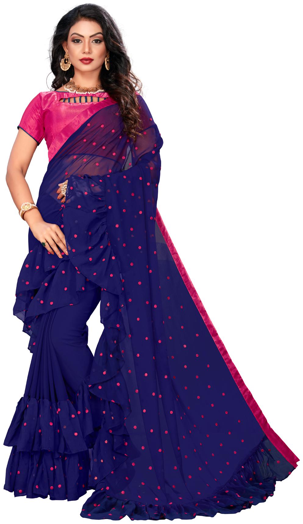 

GRANTHVA FAB Blue Polka Dots Universal Ruffle Saree With Blouse With blouse