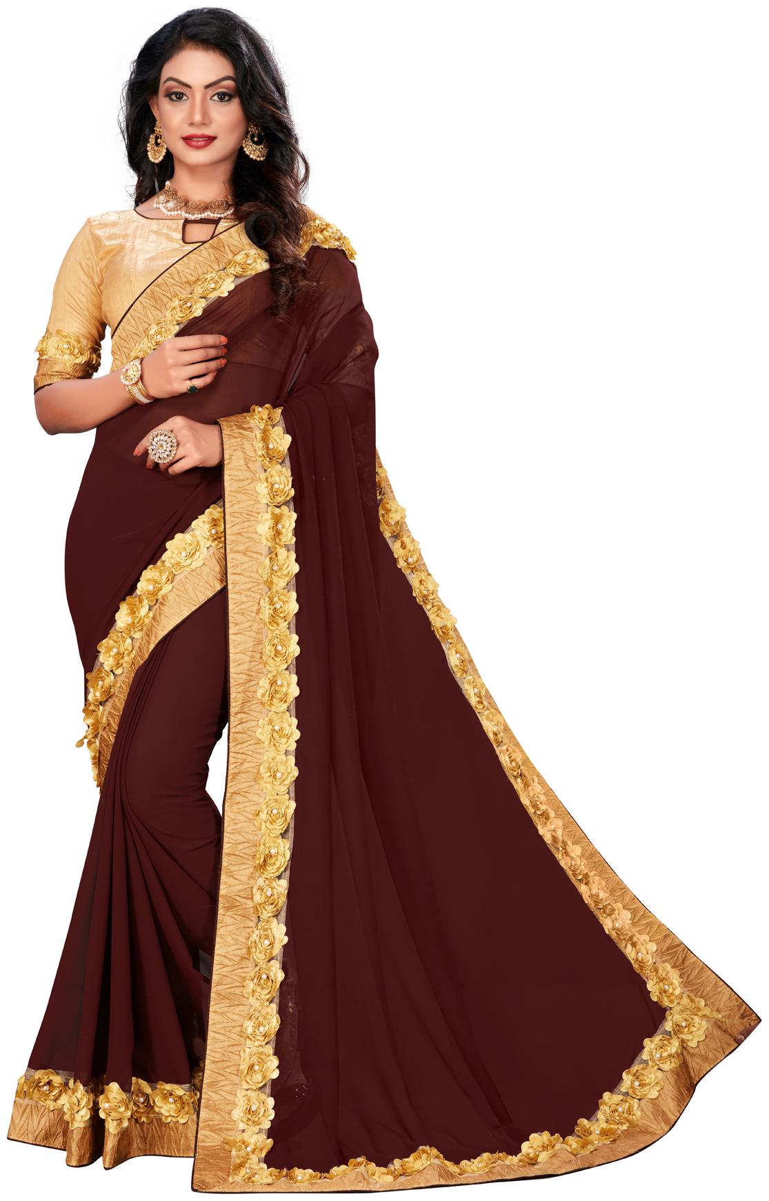 

Granthva Fab Designer Brown Georgette Embroidered Saree with Blouse Piece