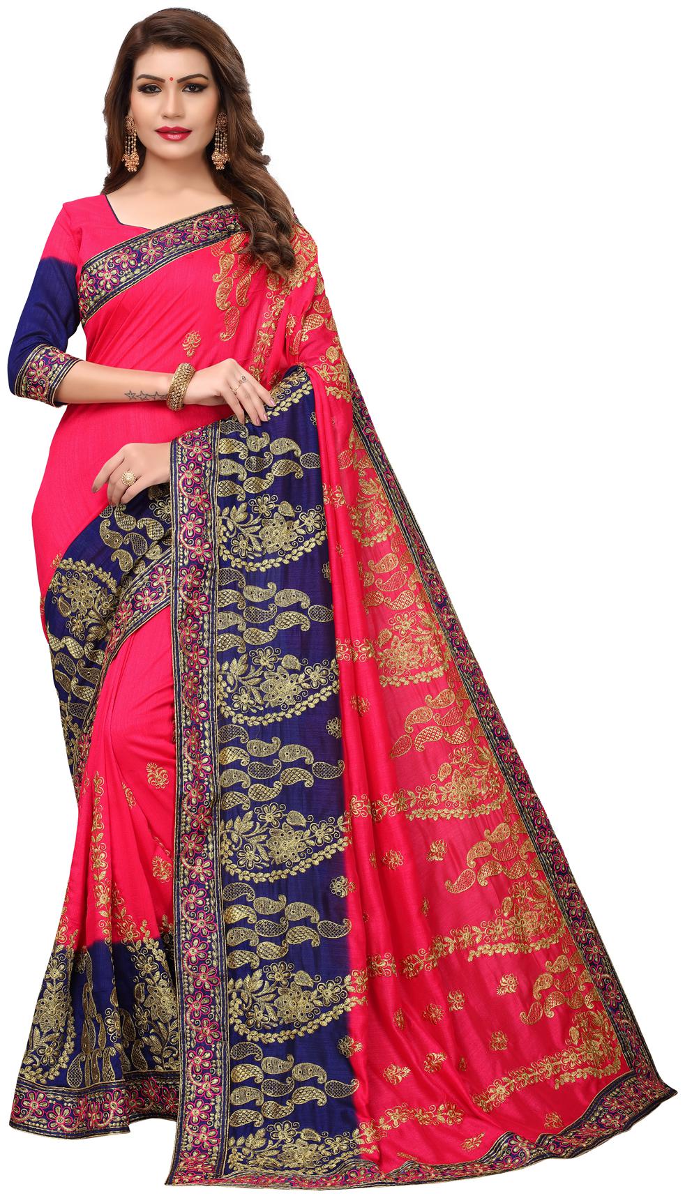

Granthva Fab Designer Pink Silk Embroidered Saree with Blouse Piece