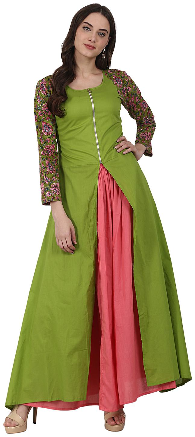 

Nayo Green 3 4 Sleeve Cotton A-Line Kurta With Front Cut