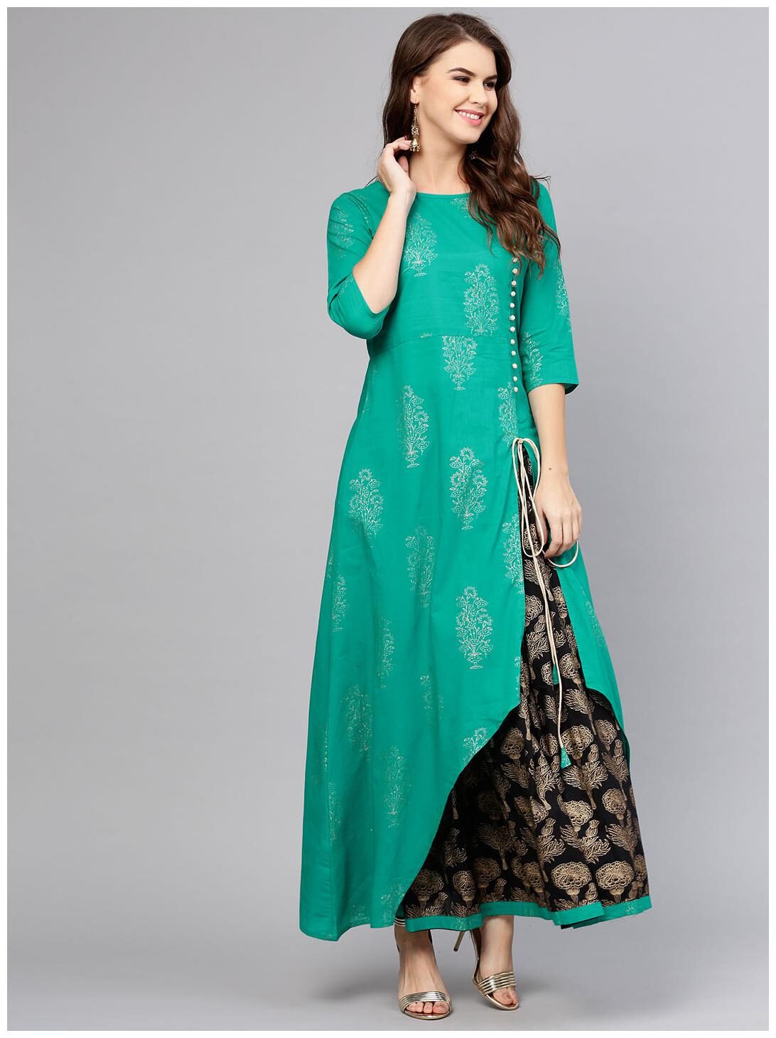 

Green 3 4th sleeve cotton Assymetric kurta with black printed skirt