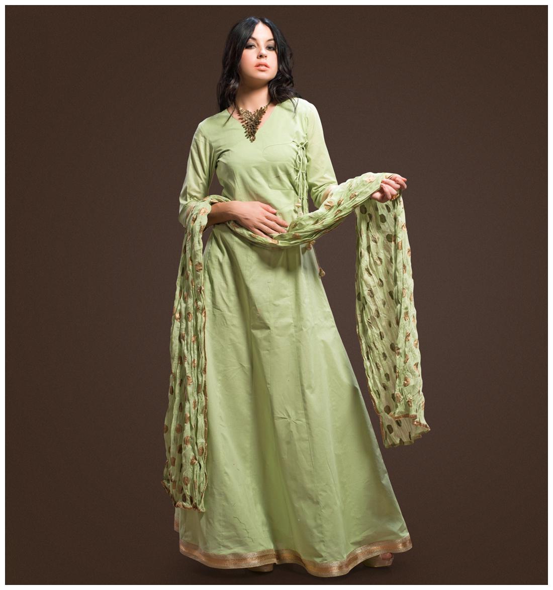 

Admyrin Women Green Solid Anarkali Kurta With Churidar And Dupatta